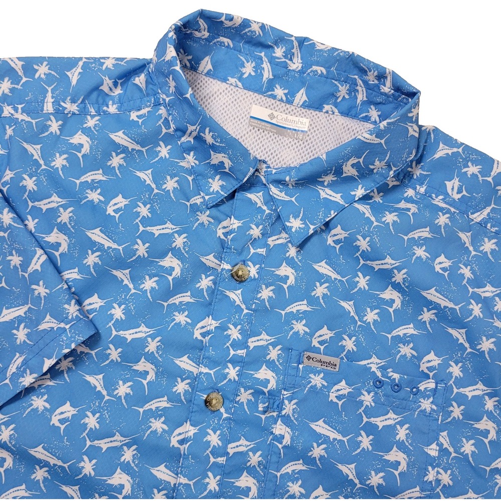 Columbia PFG Omni Shade Mens Large Blue White All Over Fish Floral Button Up